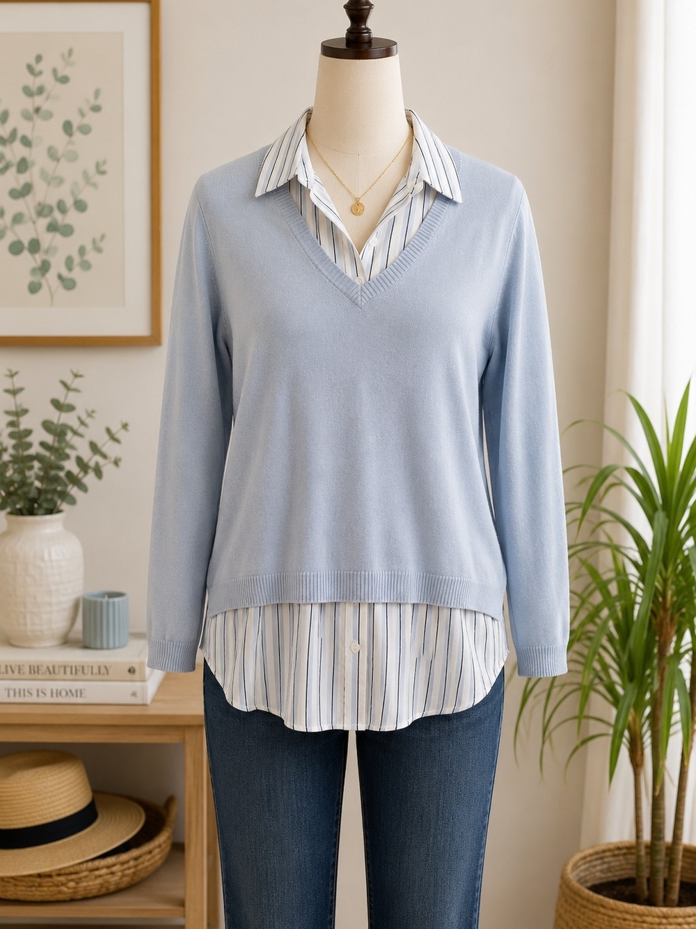 Adrianna Papell Light Blue V-Neck Sweater